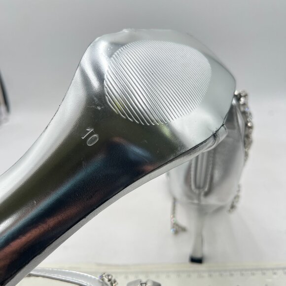 Wansseny Silver Gorgeous Rhinestone Ankle Strap Open Square Toe Back Zip Sandals - Picture 7 of 9